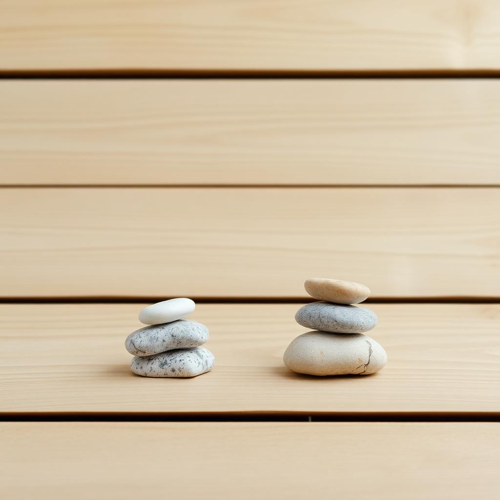 Two balanced stacks of smooth stones on a wooden surface.