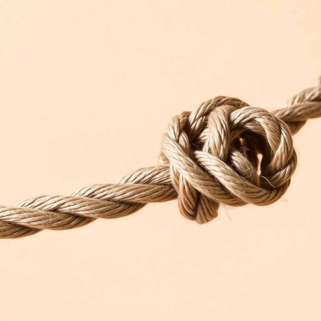 A thick rope tied in a knot against a neutral background.