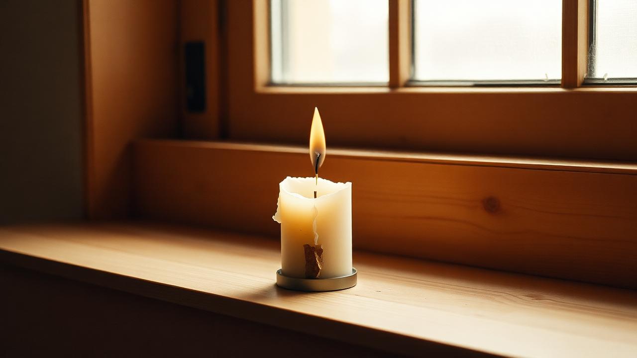 A nearly burnt-down candle on a wooden windowsill in soft morning light.