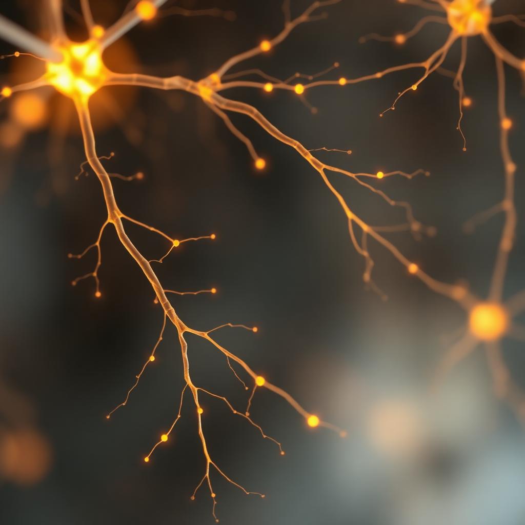 Glowing neural pathways in warm amber and cool grey tones.