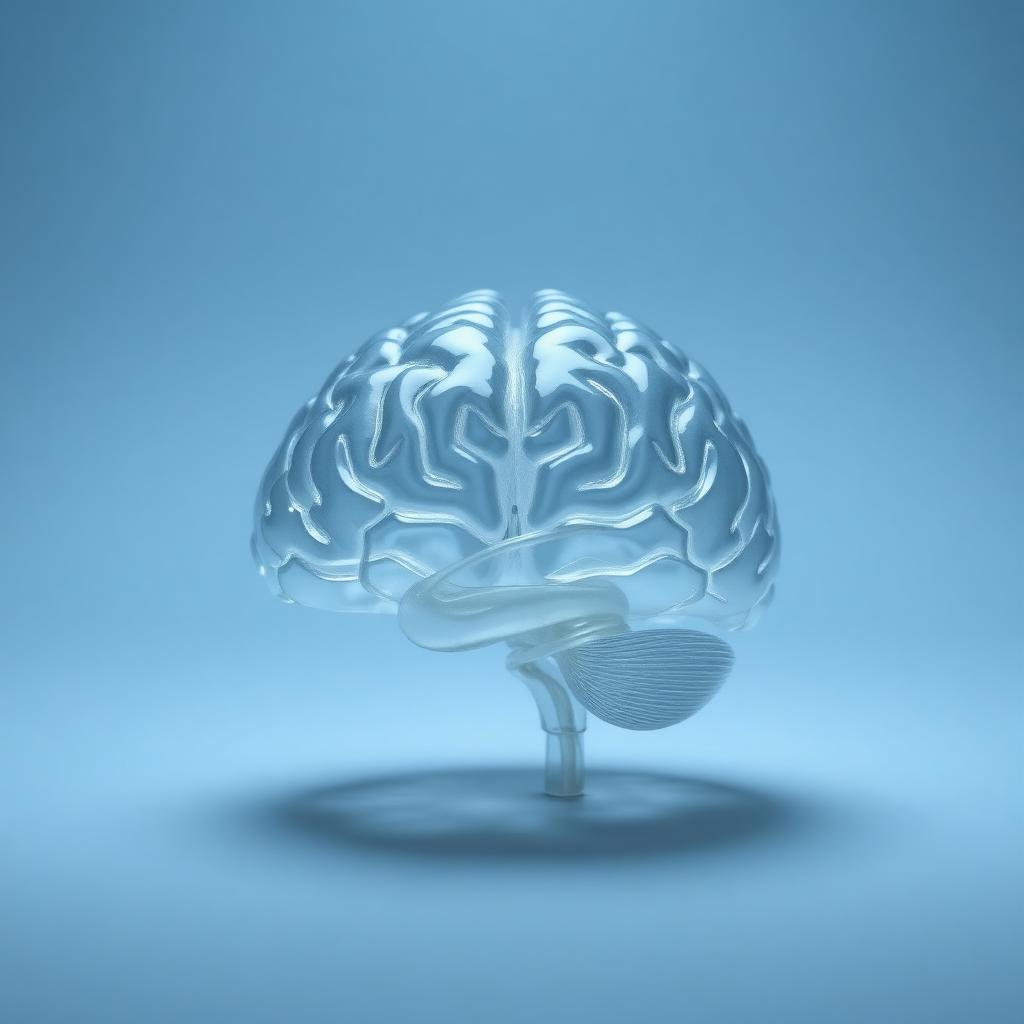 A translucent anatomical brain model in soft blue light.
