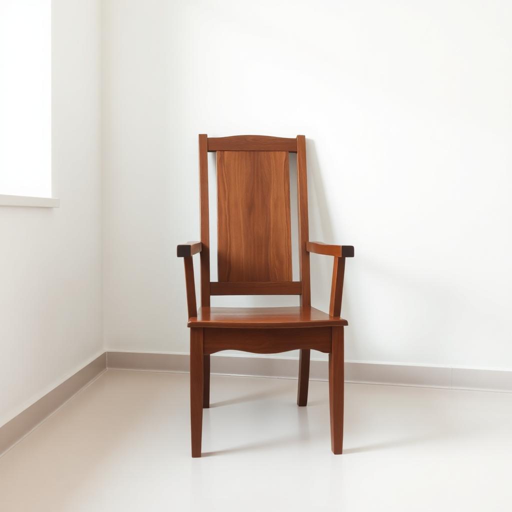 A single empty wooden chair in a softly lit clinical room.